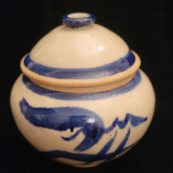 Other - Pottery Ginger Jar with lid. Salt-glaze gray and blue Asian design.